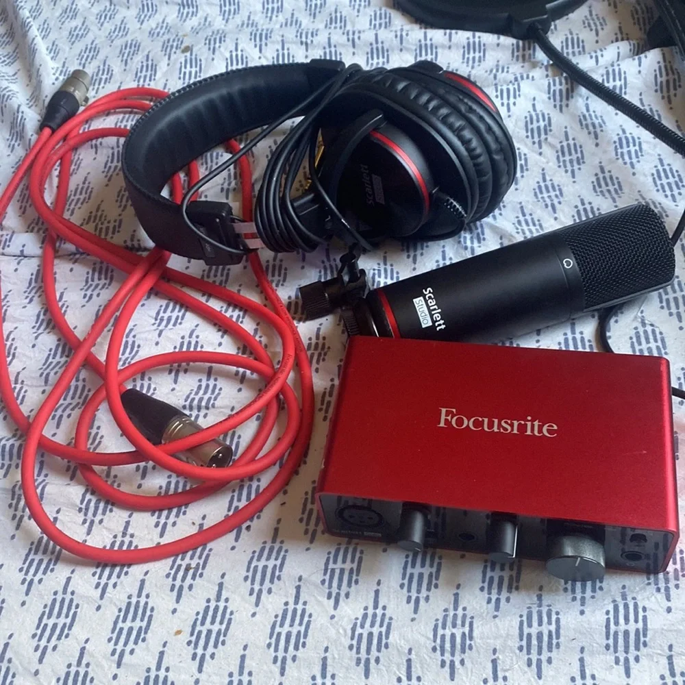 scarlett interface, headset, and microphone. color red. brand new, opened box.